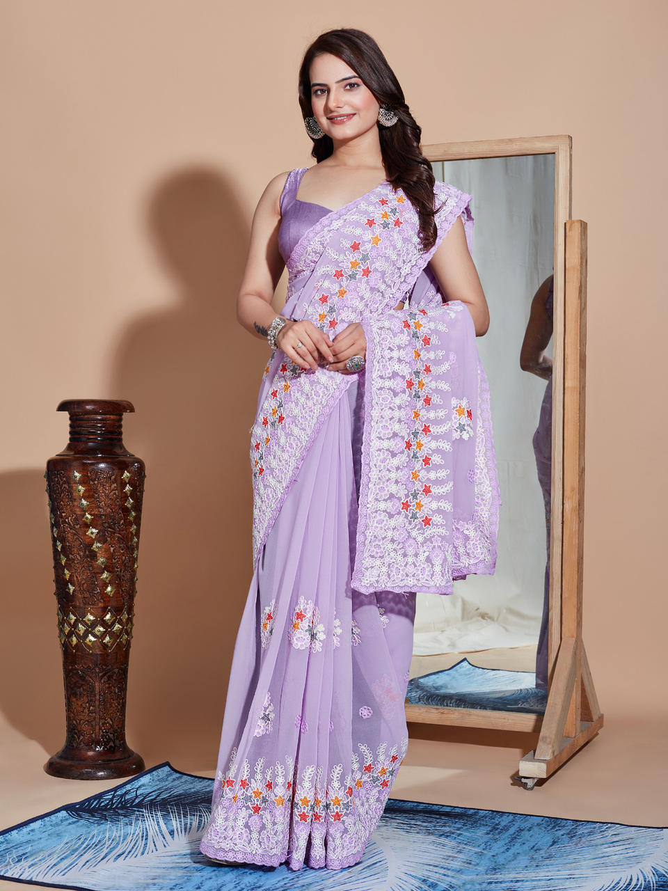 Purple Color Soft Net Embroidery Work Saree