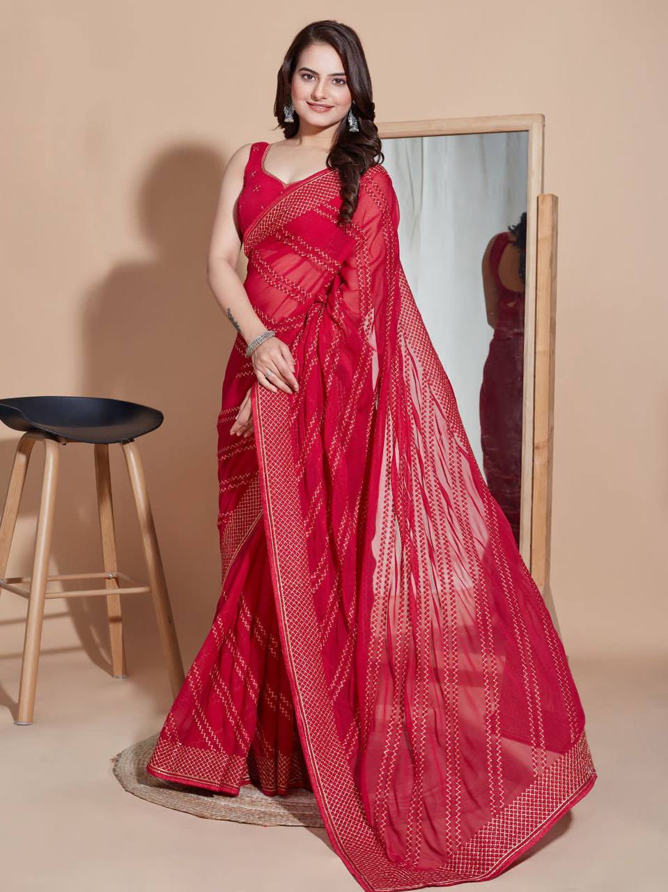 Red Color Embroidery Sequence Work Saree