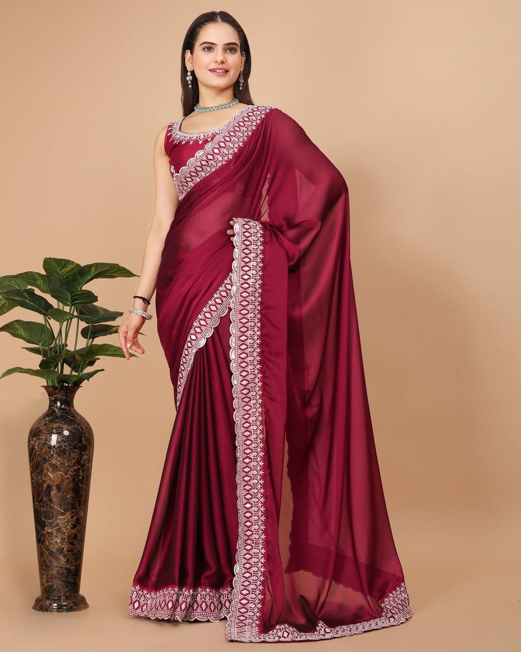 Rani Color Embroidery Work Saree