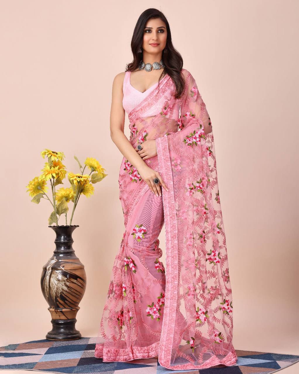 Light Pink Soft Net Work Saree