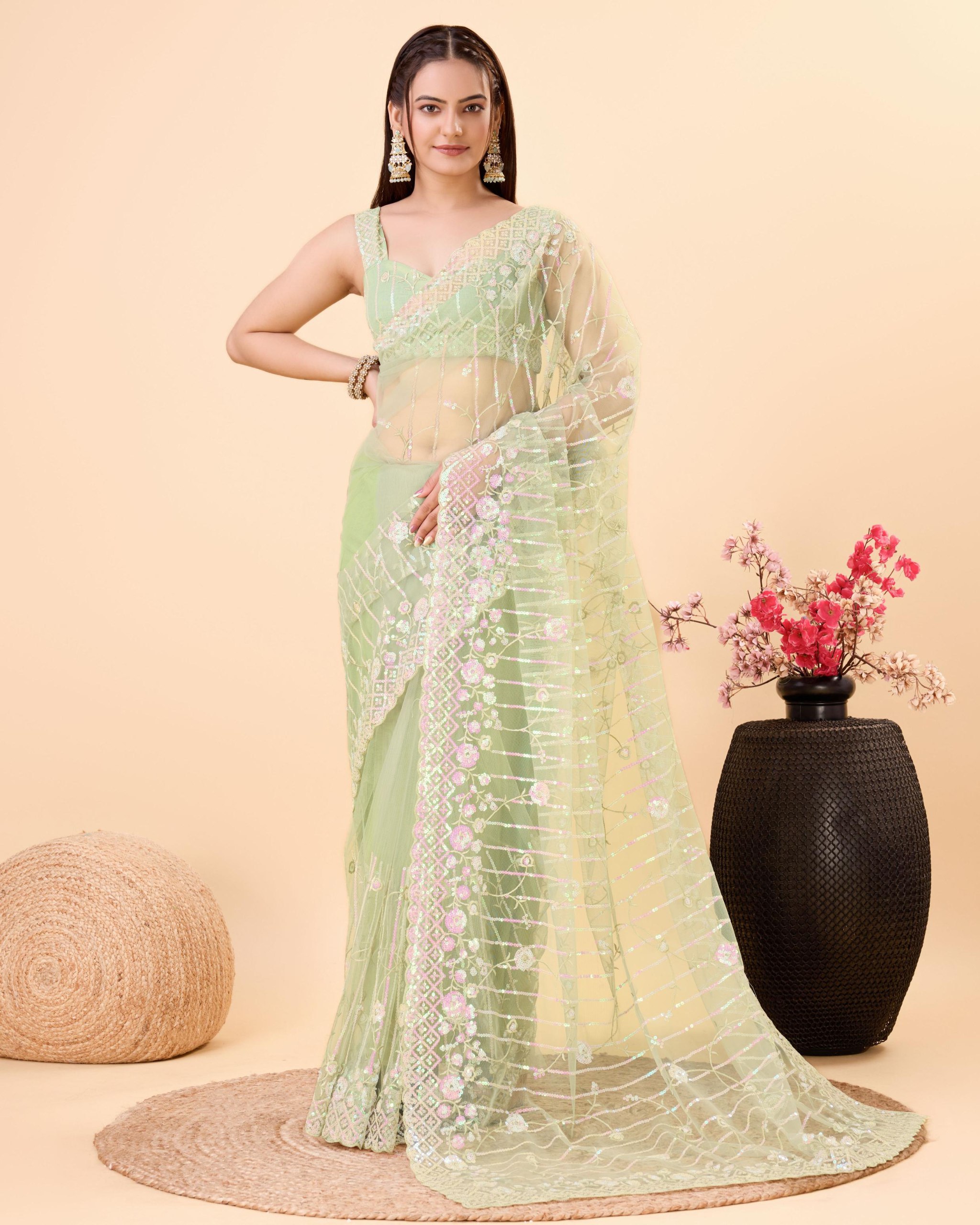 Green Color Embroidery Work Saree