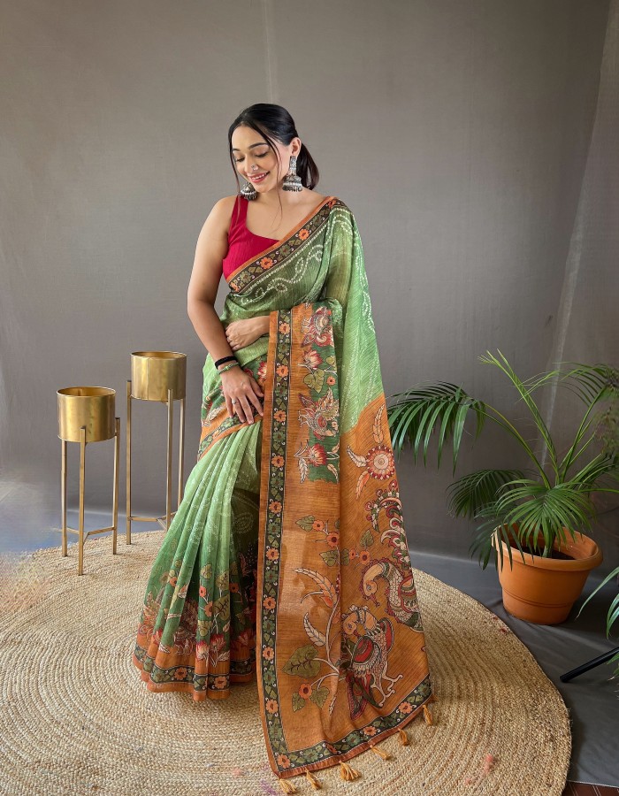 Pista Green Kalamkari Printed Saree