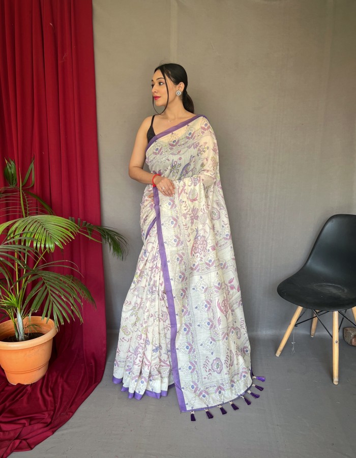 Purple Cotton Printed Saree