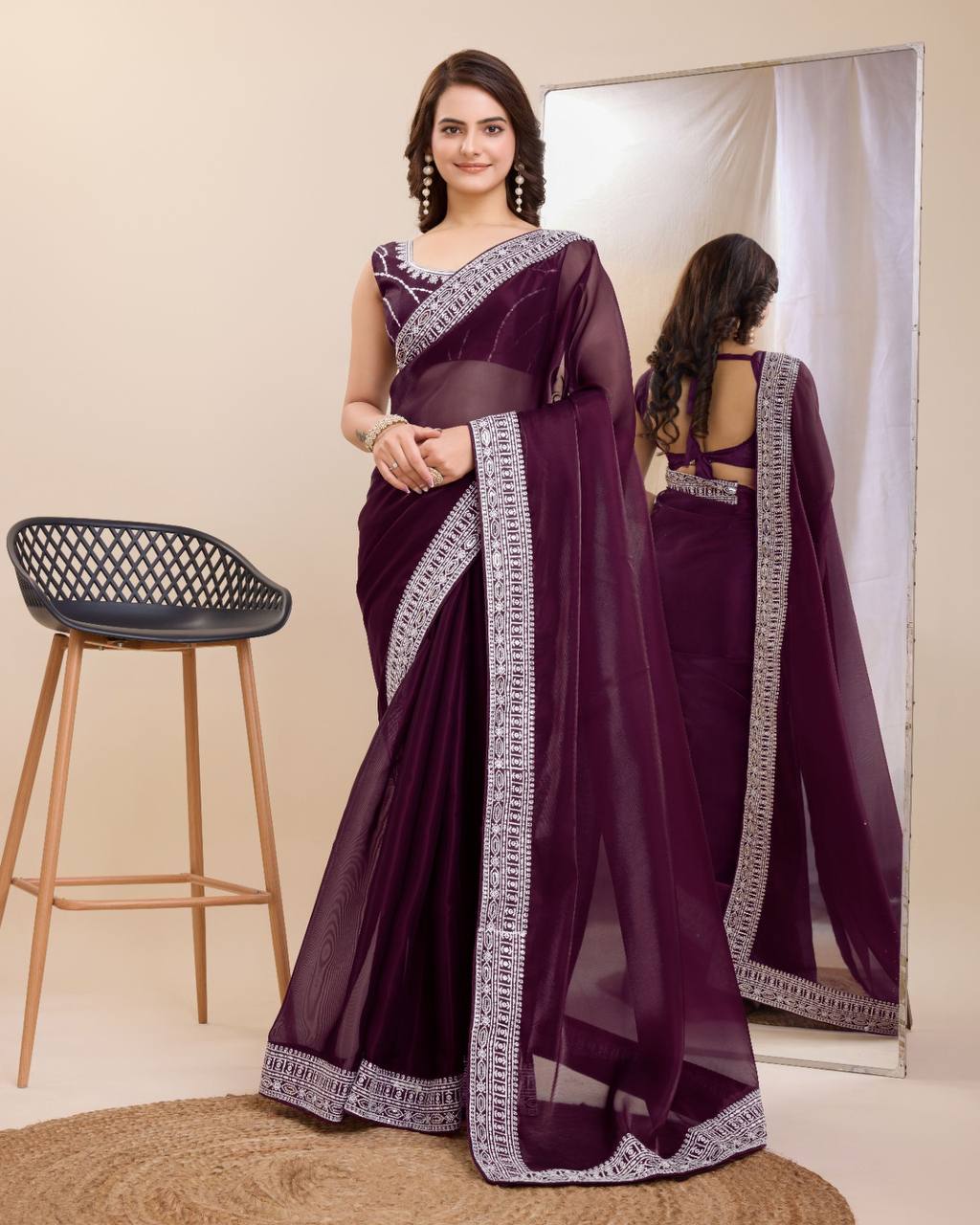 Wine Color Embroidery Work Saree