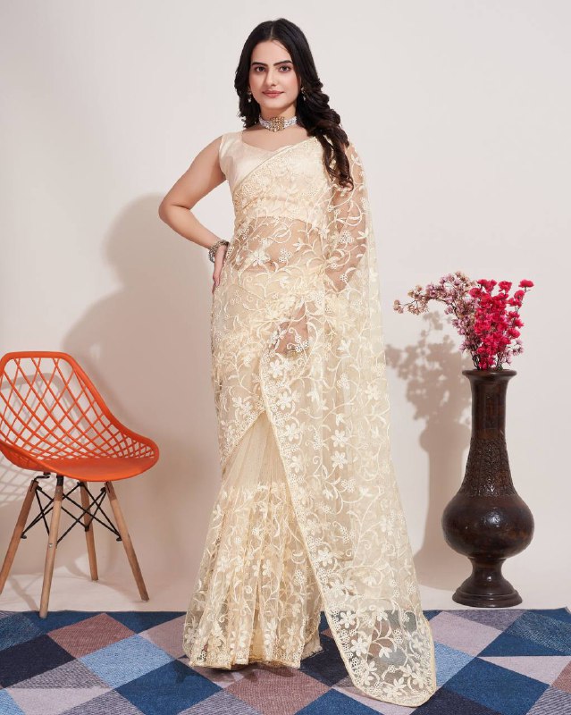 Cream Color Soft Net Embroidery Work Saree