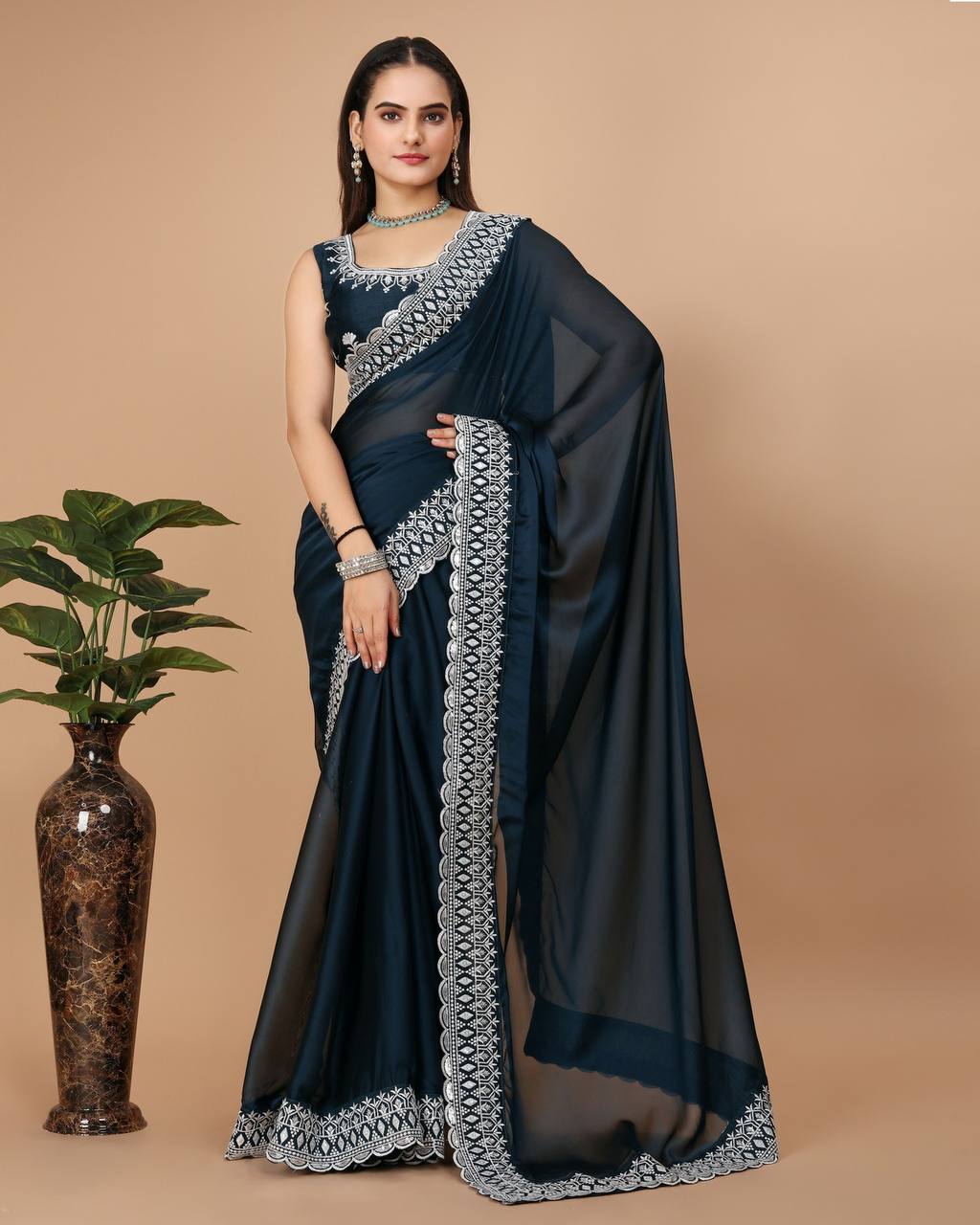 Rama Embroidery Work Border Saree