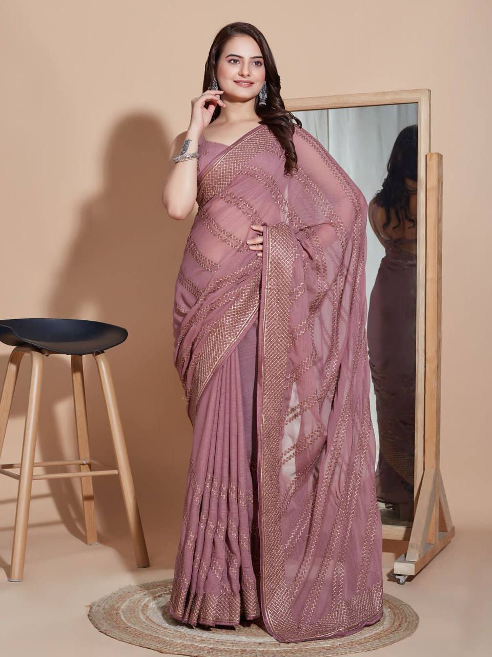 Peach Color Embroidery Work Saree