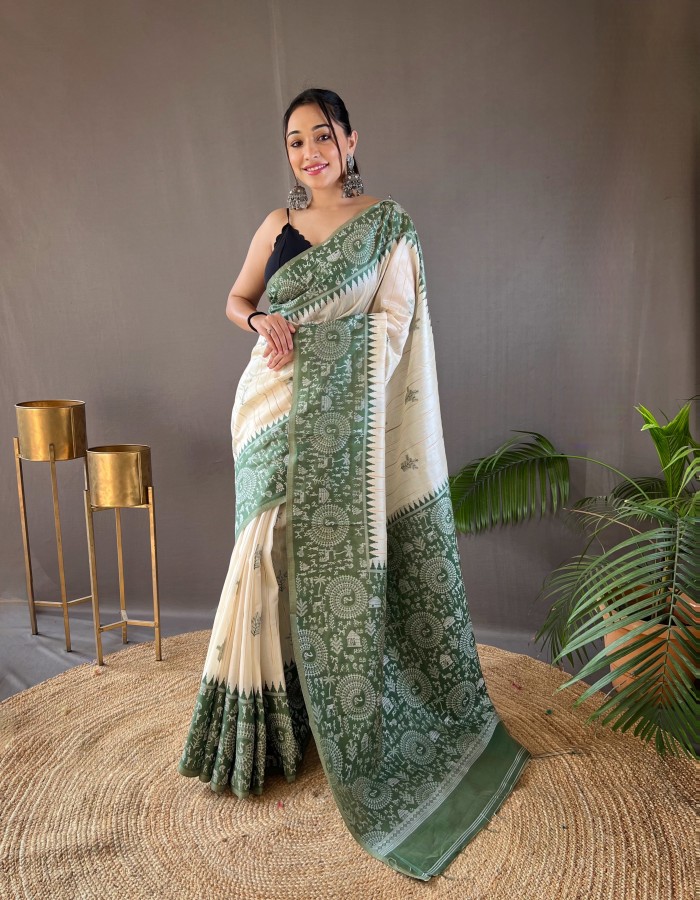 Green White Tussar Silk Saree