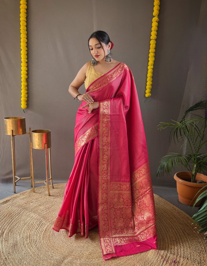 Pink Soft Silk With Coper Zari Woven Saree