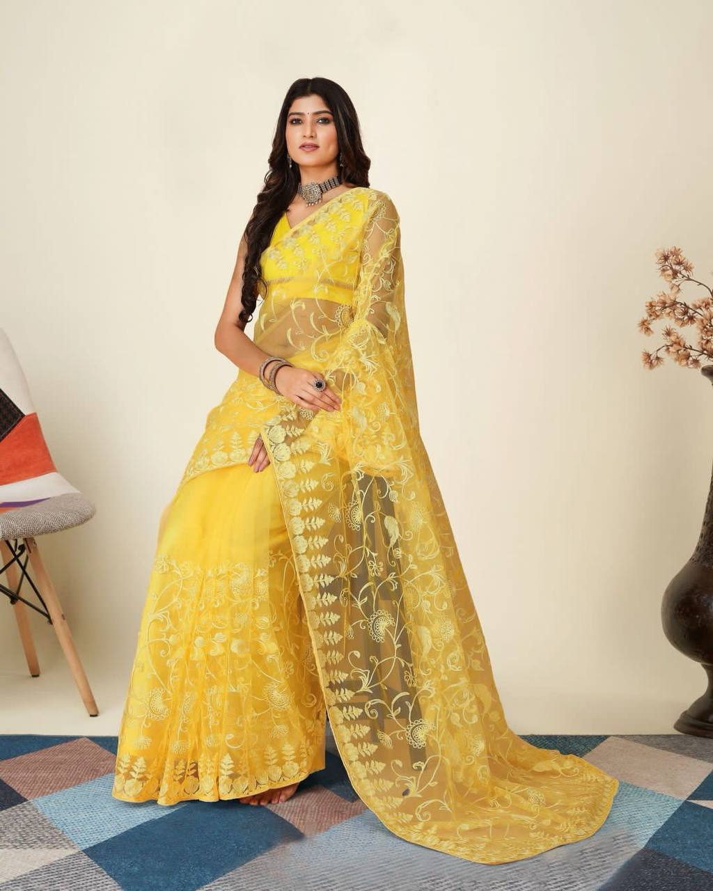 Yellow Color Soft Net Embroidery Work Saree