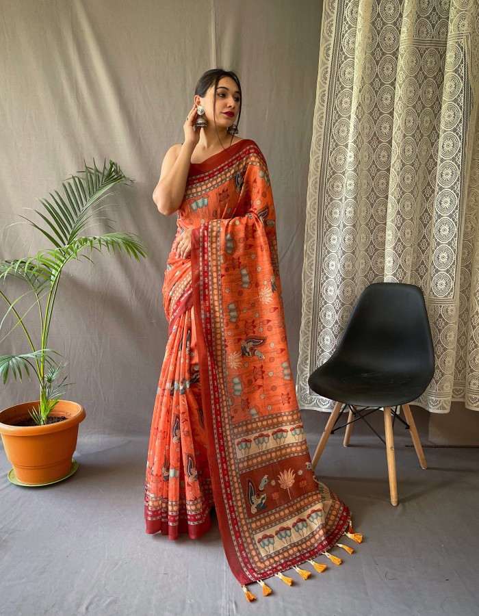 Orange Color Cotton Printed Saree