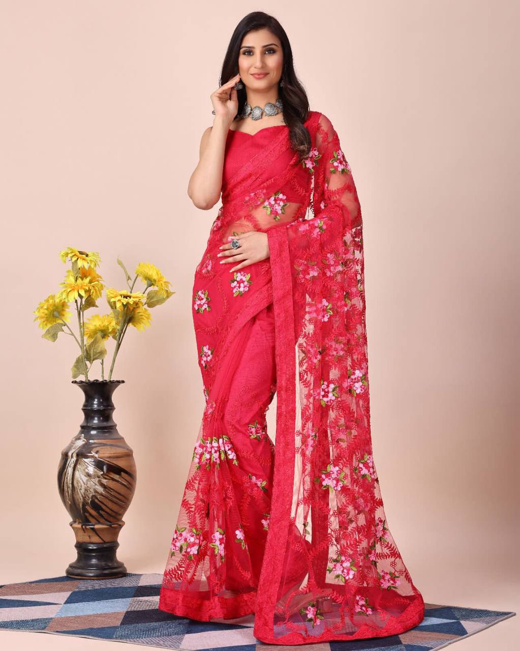 Red Soft Embroidery Work Net Saree