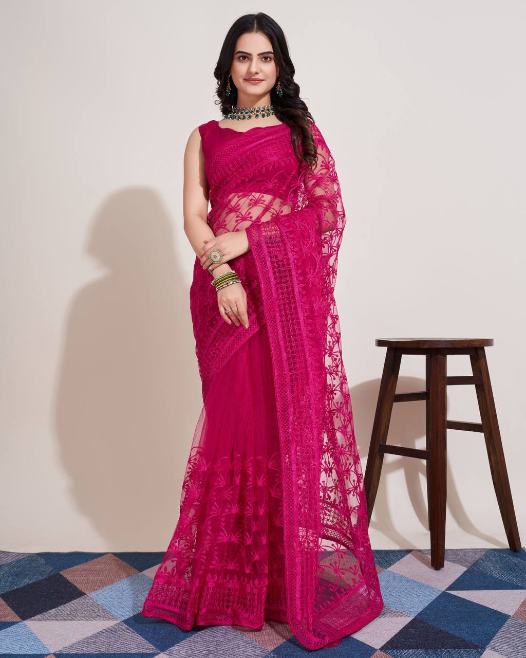 Pink Color Soft Net Embroidery Work Saree