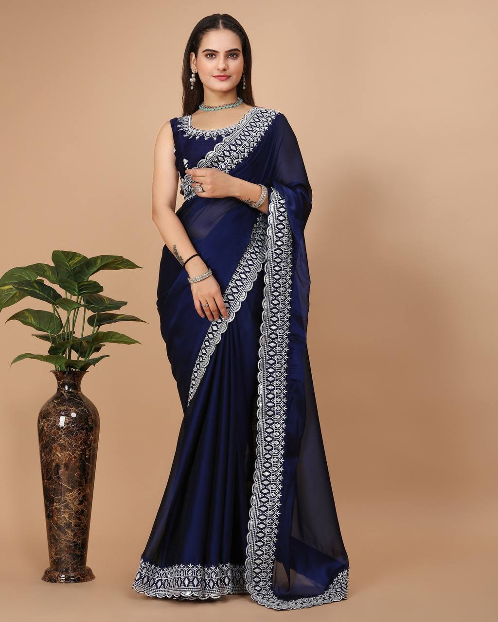 Navy Blue Color Plain Embroidery Work Border Saree