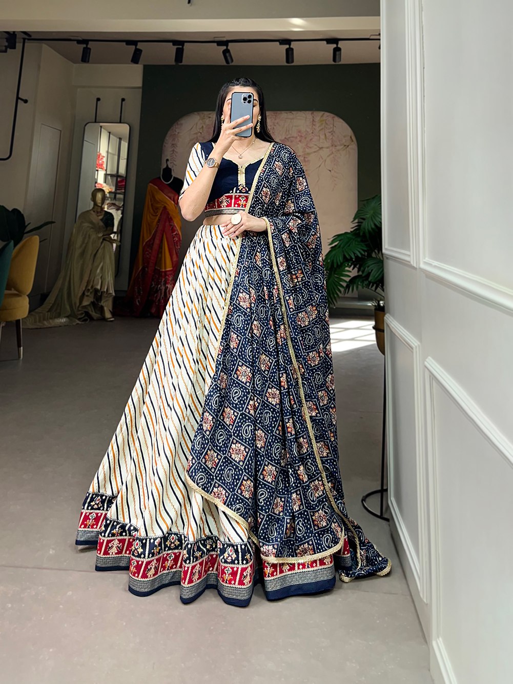 Navy Blue Laheriya Print Lahengha Choli