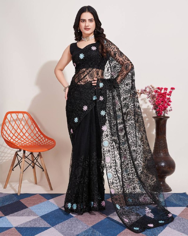 Black Color Soft Net Embroidery Work Saree