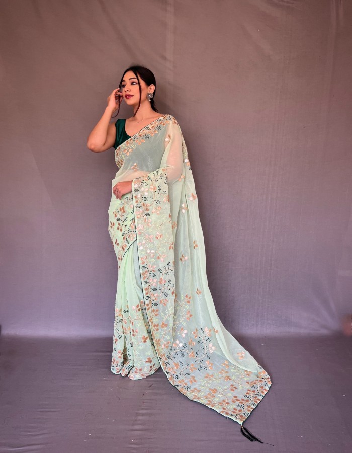 Green Chiffon Embroidery work Saree