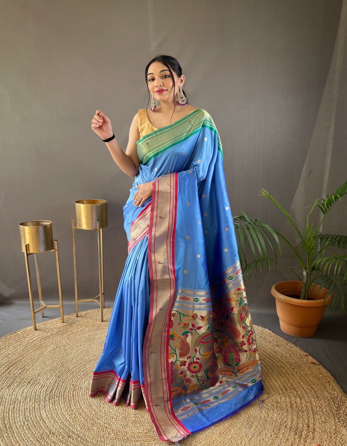 rama Color Woven Paithani Silk Saree