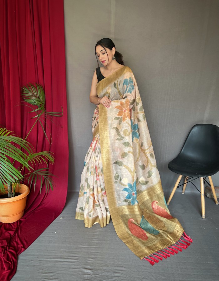 Gold Floral Printed Saree