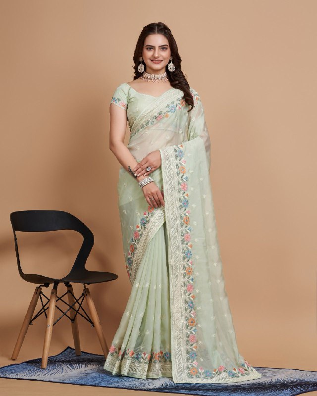 Green Color Organza Embroidery Work Saree