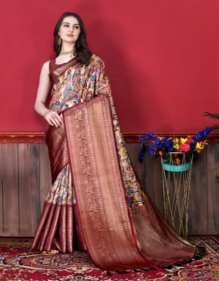 Wine Color Kalamkari Printed Saree