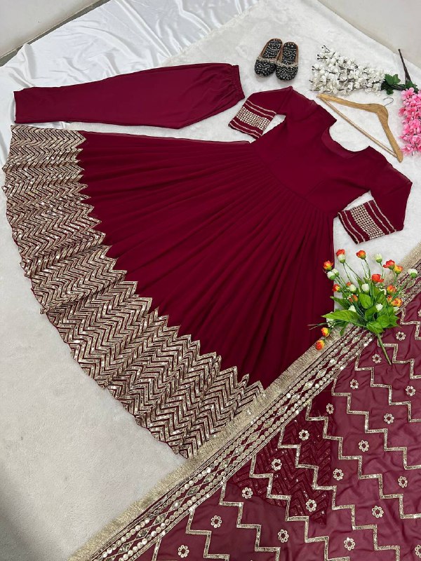 Maroon Long Gown With Pent and Dupatta