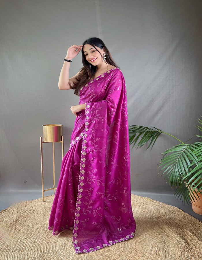 Purple Color Embroidery Work Saree