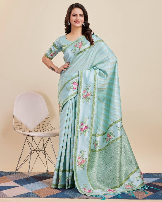 Sky Blue Color Soft Banarasi Silk Saree