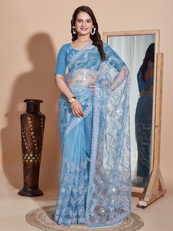 Sky Blue Soft Net Embroidery Work Saree