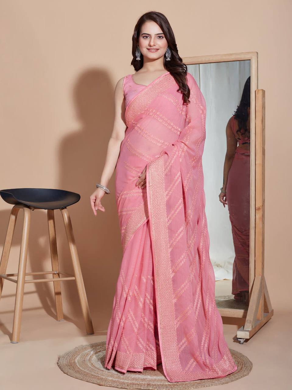 Pink Embroidery Sequence Work Saree