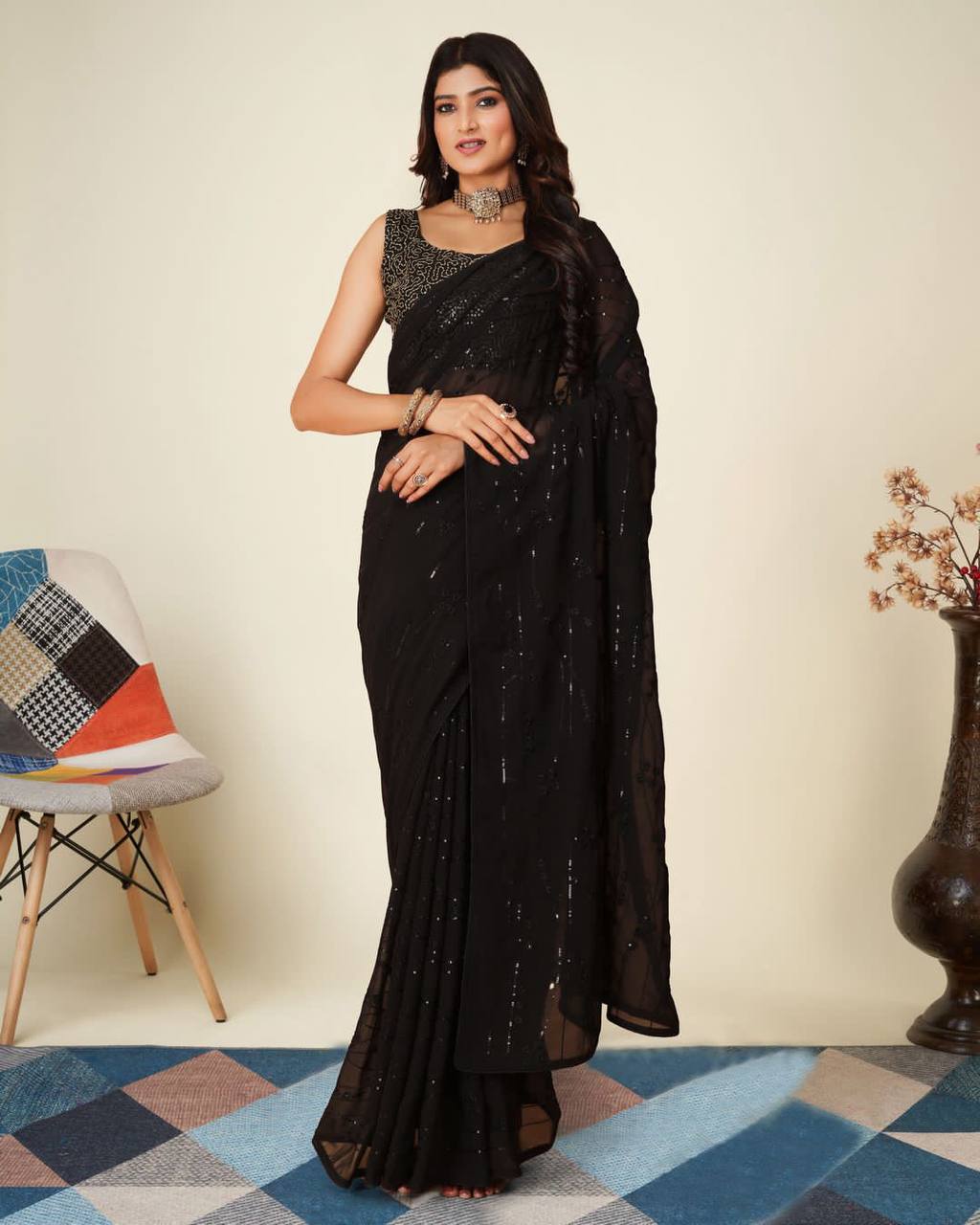 Black Embroidery Work Saree