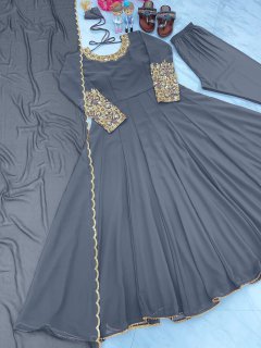 Gray Color Georgette Long Gown Bottom With Dupatta