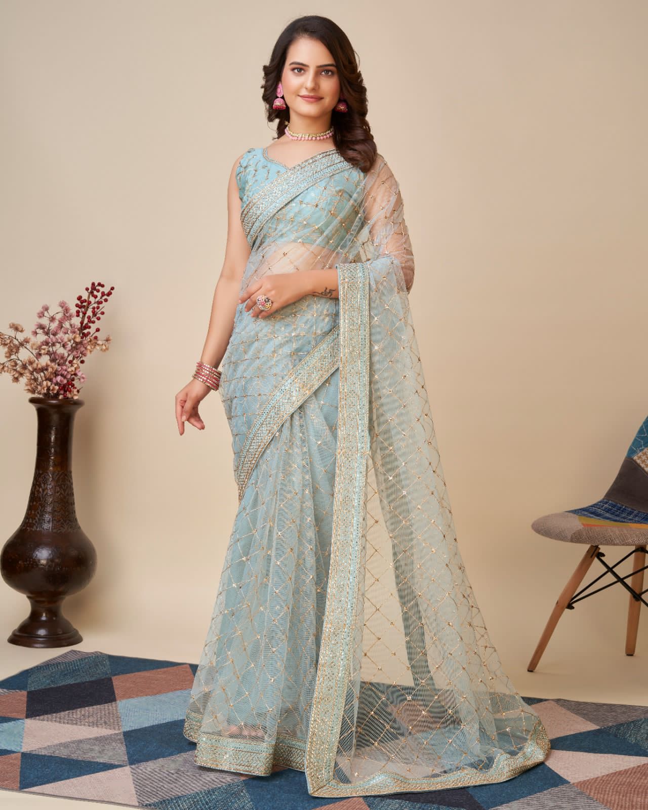 Sky Blue Color Soft Net Saree