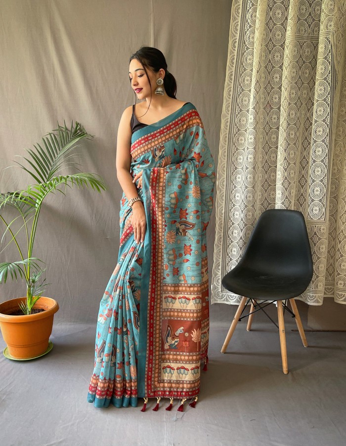 Rama Color Kalamkari Printed Saree