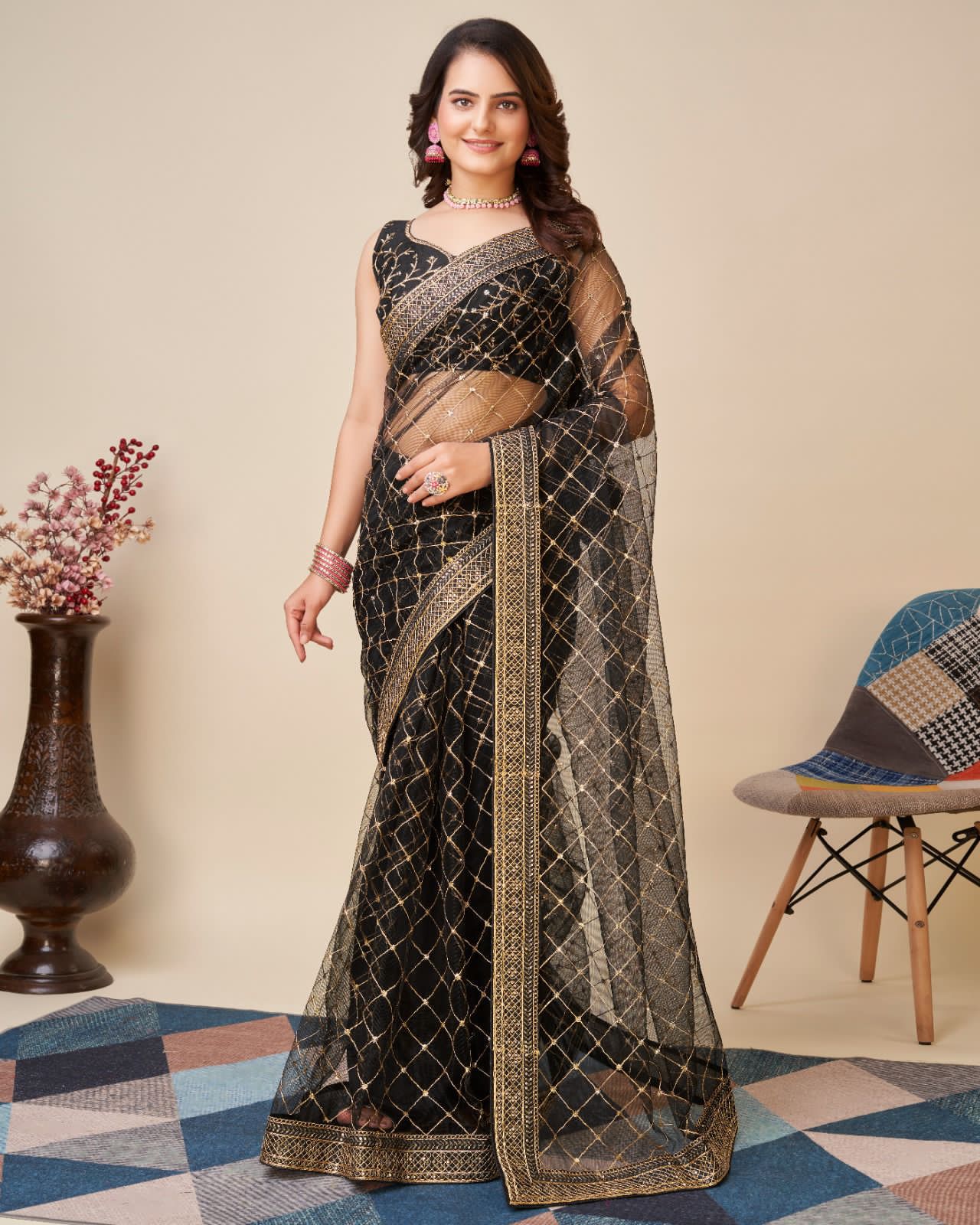 Black Soft Net Embroidery Work Saree