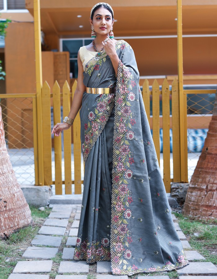 Gray Color Soft Silk Embroidery Work Saree