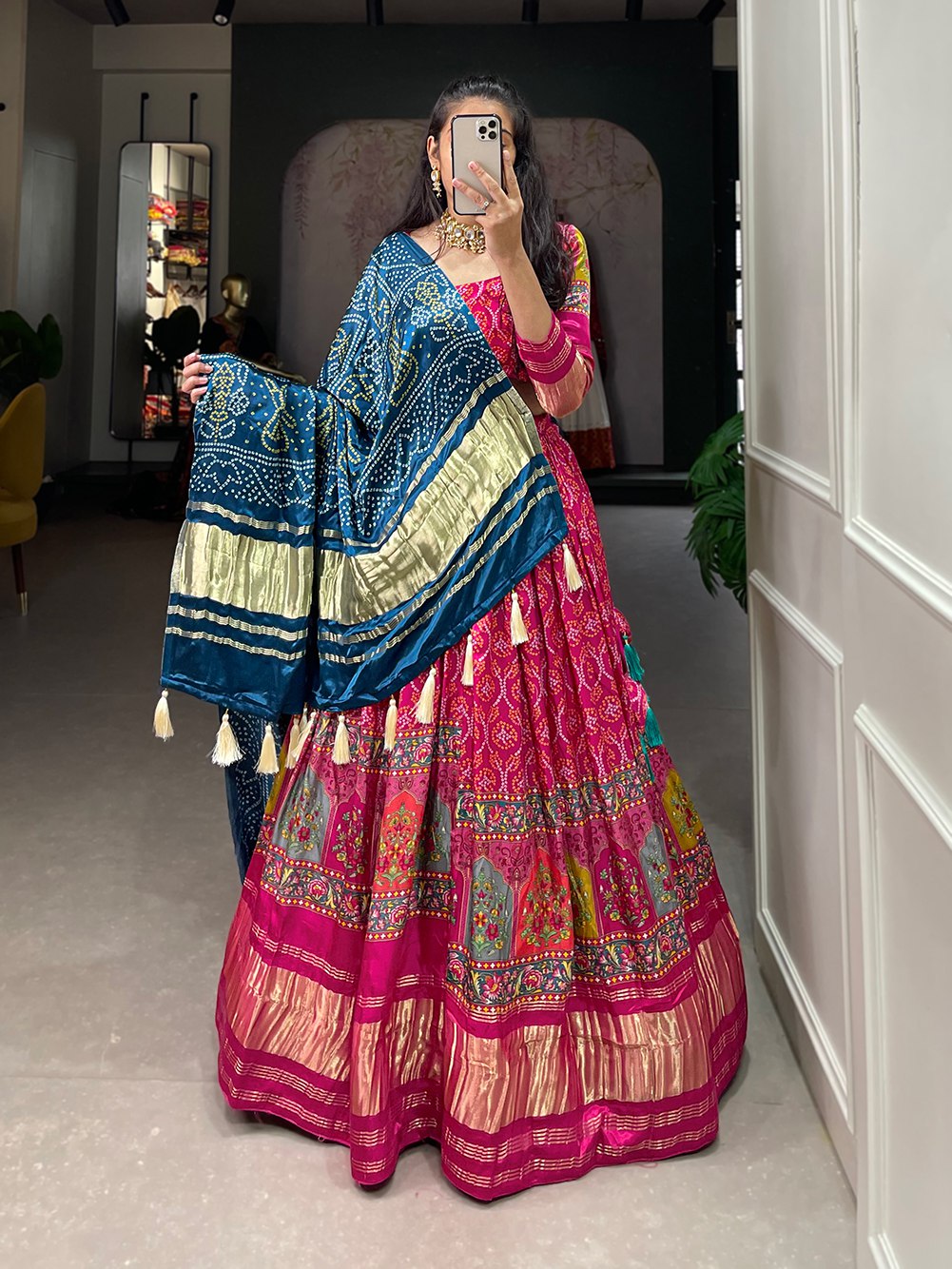 Pink Color Printed Gaji Silk Lahenga Choli