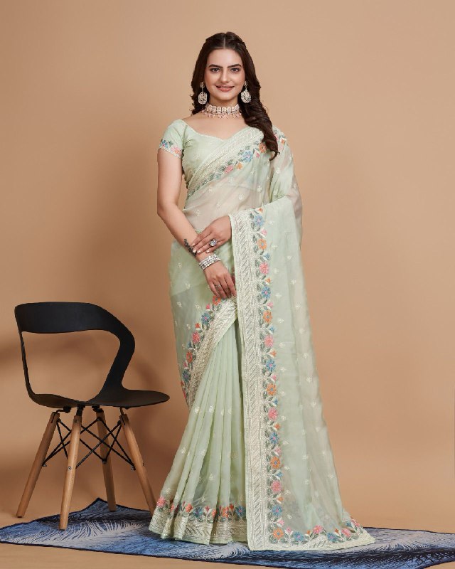 women's wear organza silk saree with embroidery