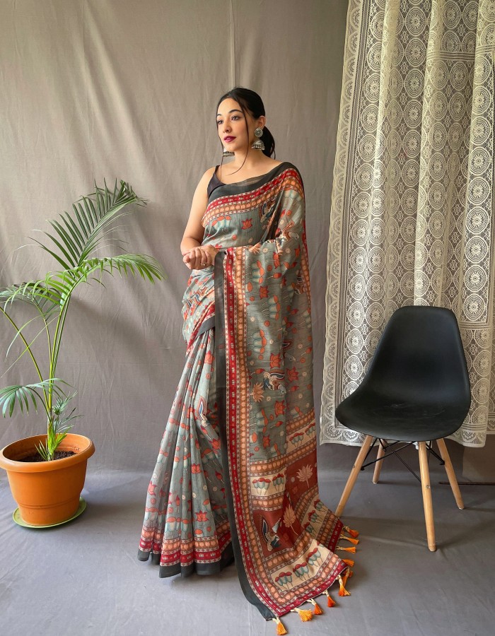 Gray Cotton Printed Saree