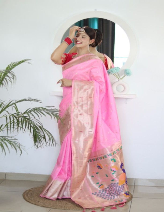 Baby Pink Traditional Paithani Silk Saree