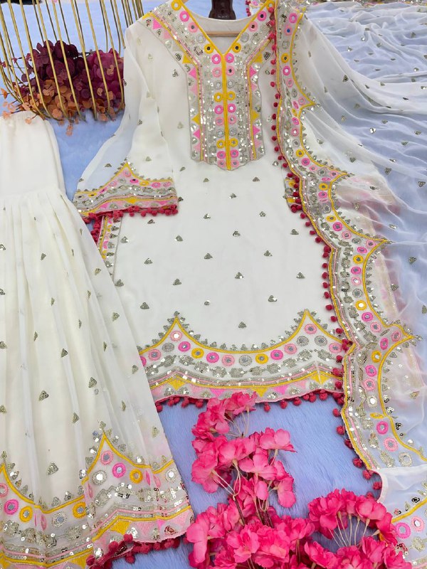 White Color Top Plazzo With Dupatta Set