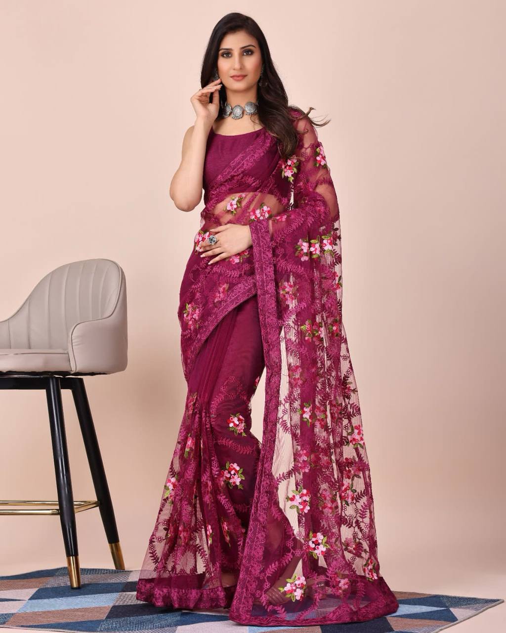 Purple Soft Net Embroidery Work Saree