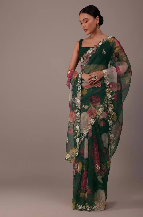 Green Color Organza Embroidery Work Saree