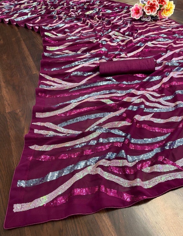 purple Color Multi Sequence Wok Saree