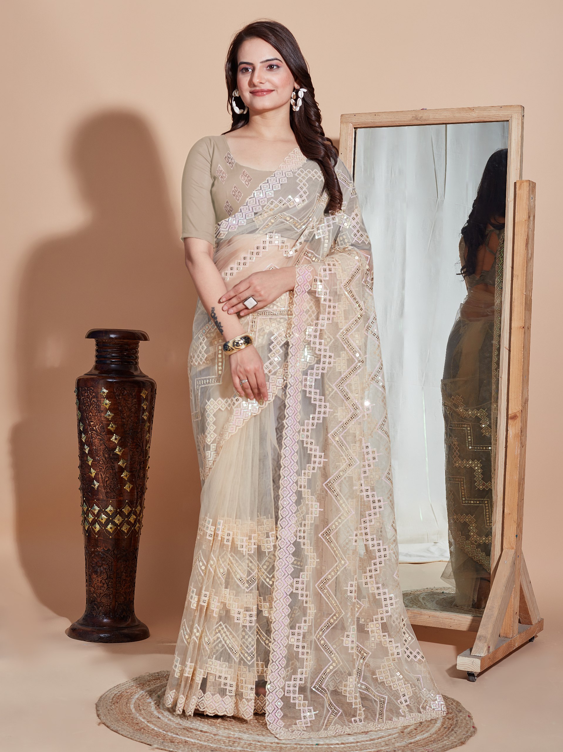 Chiku Color Soft Net Embroidery Work Saree