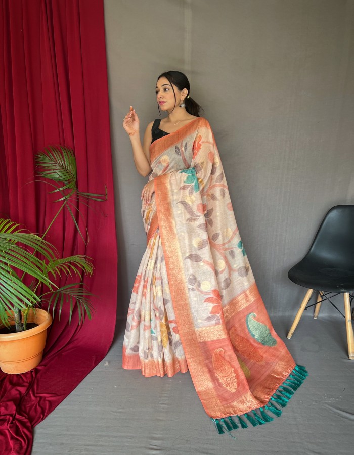 Peach Color Floral Printed Saree