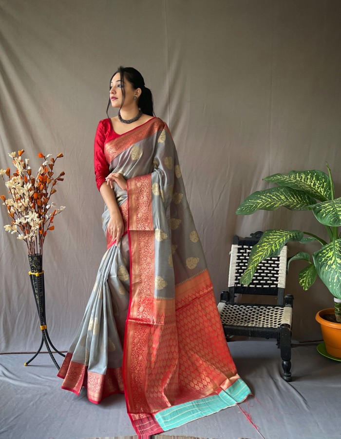 Gray Color Linen Silk Saree