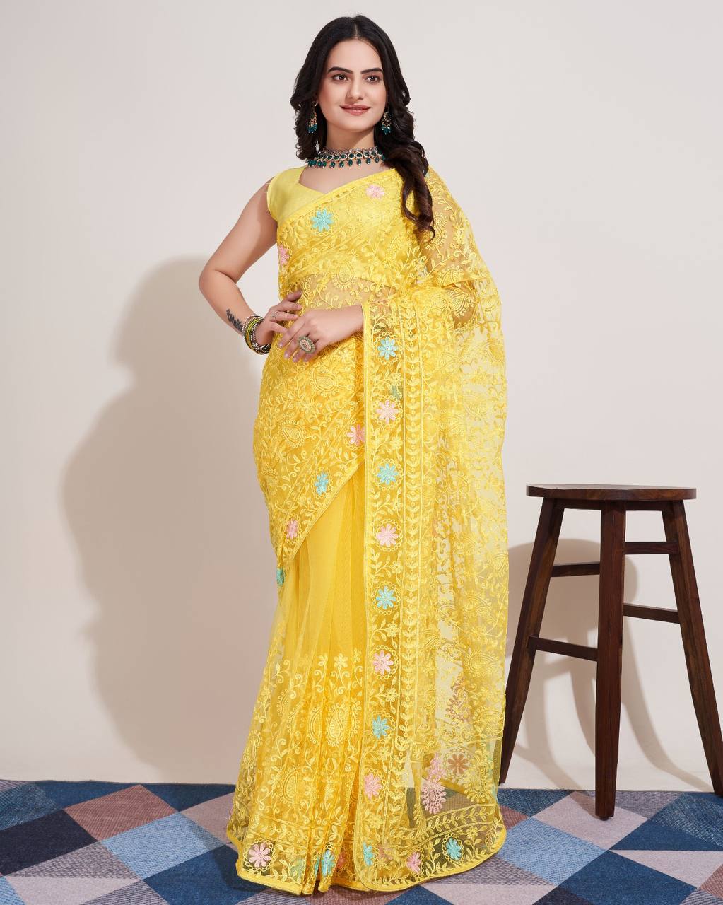 Yellow Color Soft Net Embroidery Work