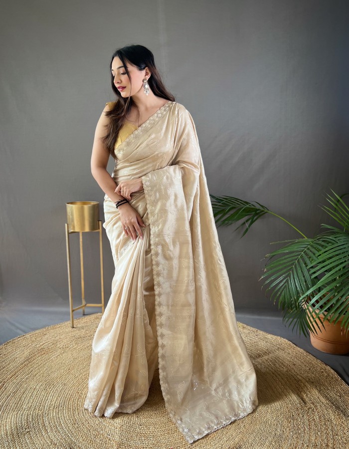 Off White Ruhi Silk Embroidery Work Saree