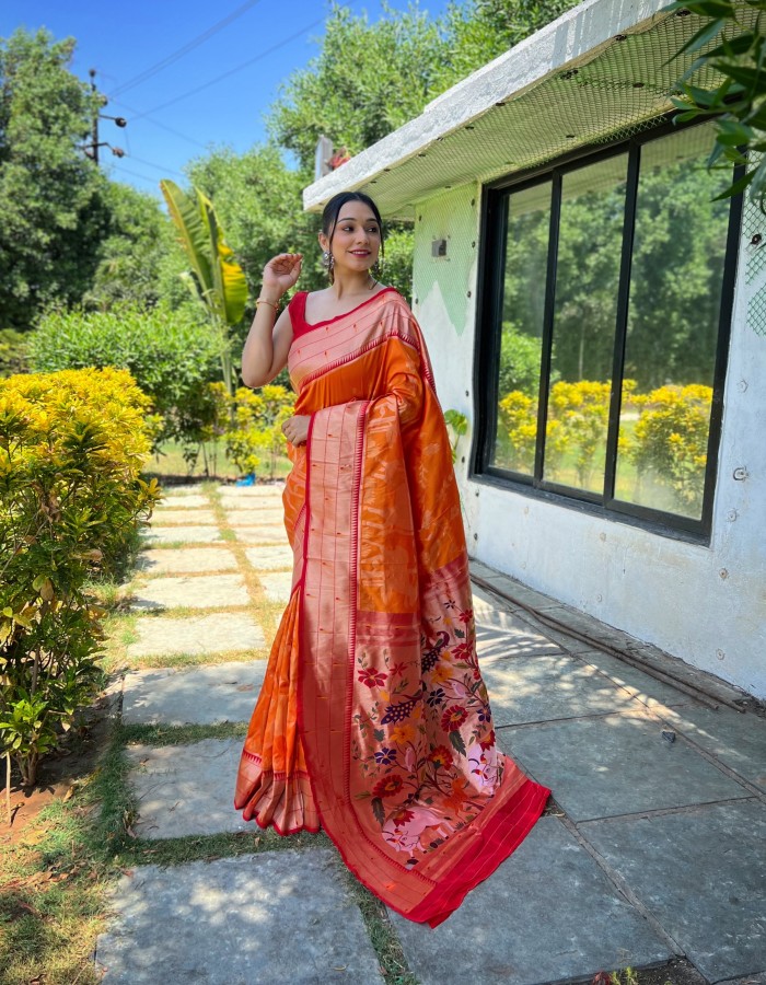 Orange Smooth Paithani Silk Saree